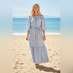 TOMMY BAHAMA Island Gauze Blue White Villa Solstice OTS Midi Dress XL NWT $178